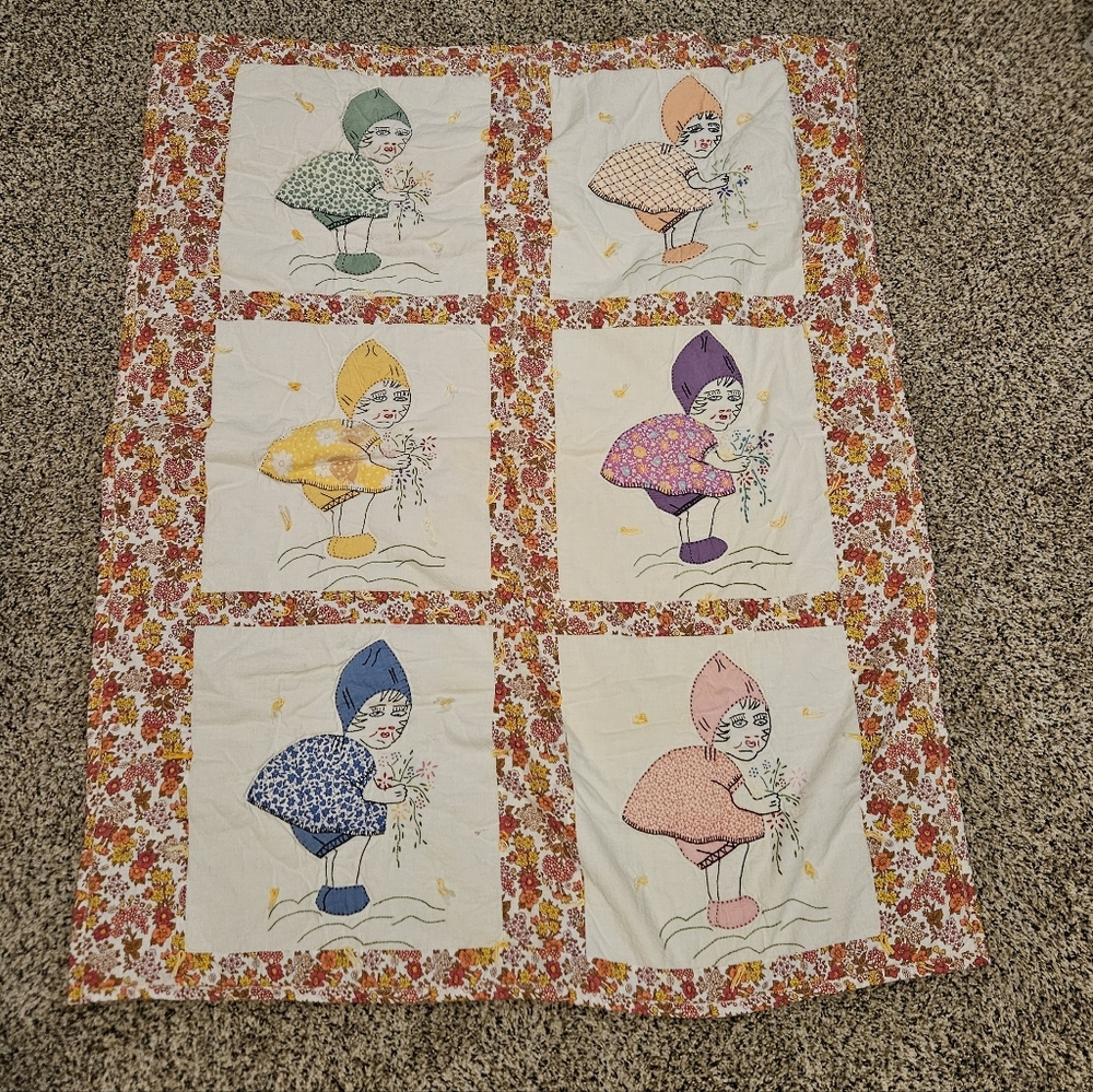 Antique Baby Quilt 1950s Vintage  Panel Quilt Embroidered Girl Picking Flowers